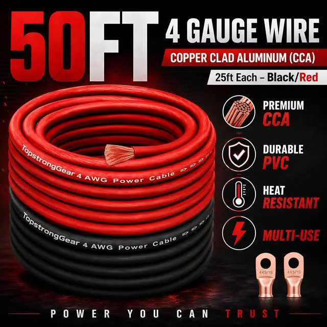 Alt view image 2 of 5 - TOPSTRONGGEAR 4 Gauge Wire for Automotive Power Ground, Car Audio, Car Amplifier, RV, Amp, CCA Automotive Wire, Battery Cable, Wiring Kit (25FT Each Black/Red with 20PCS Lugs, 20 Heat Shrink Wrap)