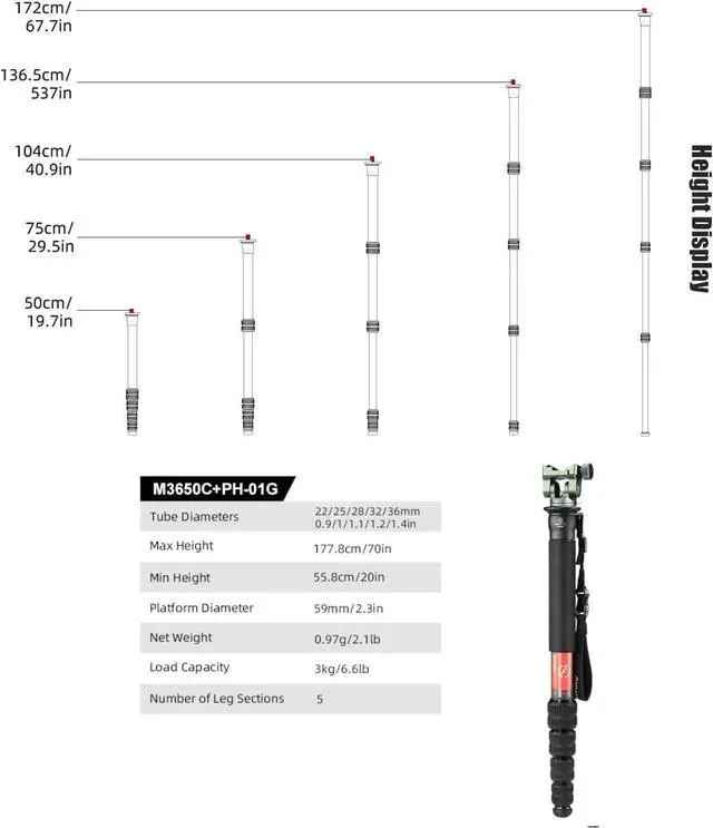 Alt view image 3 of 5 - SUNWAYFOTO M3650C + PH-01G CF Monopod 36mm Top Section 10kg 22lb Max Load Carbon Fiber 1/4" / 3/8" Super Portable + Arca Compatible 2 Way Head