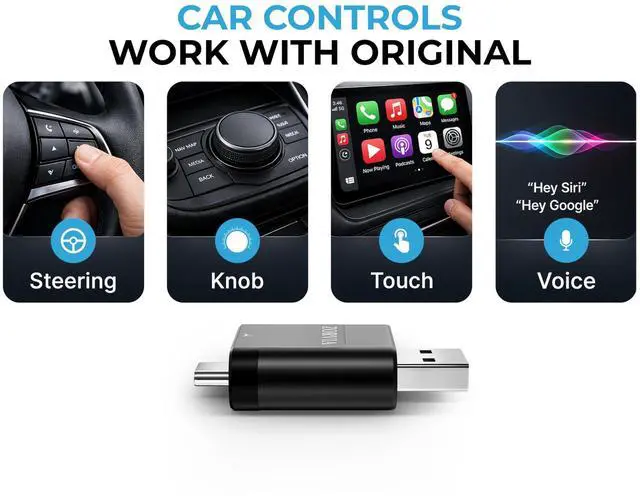 Alt view image 4 of 5 - ZORVIA Wireless CarPlay Adapter for iPhone & Android Auto 2026 Upgraded - Convert Wired CarPlay to Wireless, Fast Auto Reconnect, Plug and Play, USB-C & USB-A (Black)