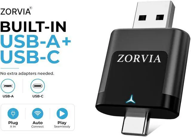 Alt view image 2 of 5 - ZORVIA Wireless CarPlay Adapter for iPhone & Android Auto 2026 Upgraded - Convert Wired CarPlay to Wireless, Fast Auto Reconnect, Plug and Play, USB-C & USB-A (Black)