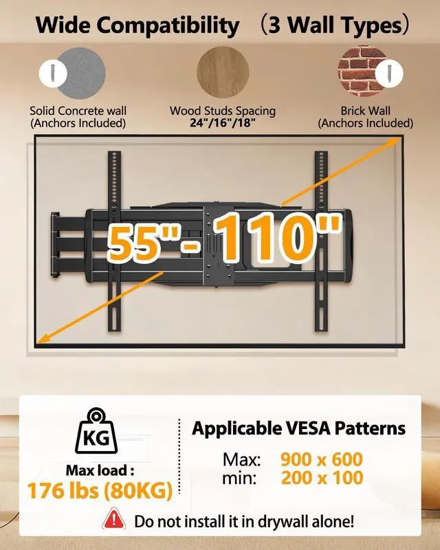 Alt view image 3 of 5 - FORGING MOUNT 43110 inch Long Arm Full Motion TV Wall Mount Holds 176 lbs, VESA 900x600mm, 42.8 Long Extension for Screen Centered on Living Room,Heavy Duty TV Mount, Tilt, Fits 12/16/24 Studs,
