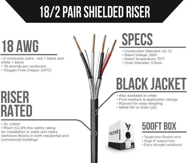 Alt view image 2 of 5 - Voltive 18/2 Pair Shielded Low Voltage Wire, Riser CL3R, Black, 500ft - 18AWG, 2 Shielded Twisted Pairs, Stranded Bare Copper, UL Listed - V-1260-2