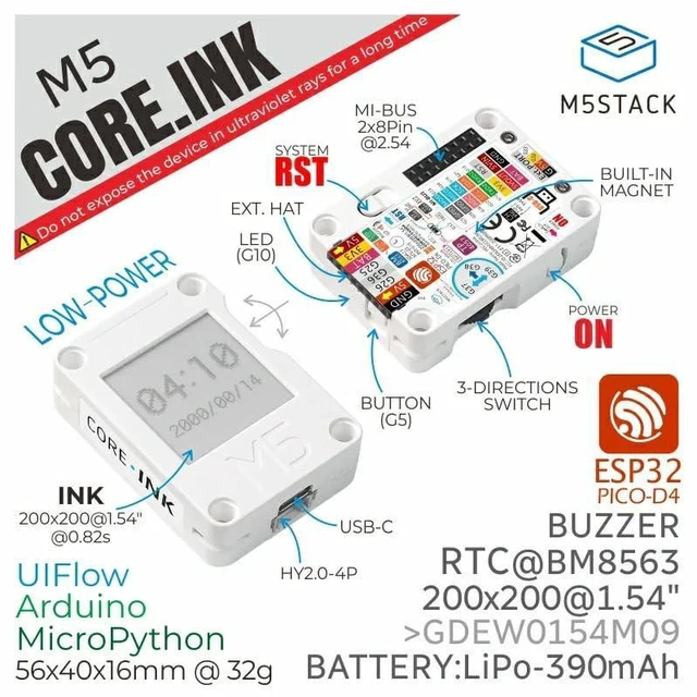 Alt view image 2 of 5 - M5Stack Core Ink ESP32 Development Kit with WiFi, 1.54" E-Ink Display, 520KB RAM, 4MB Flash, 240MHz Dual Core, TypeC Interface