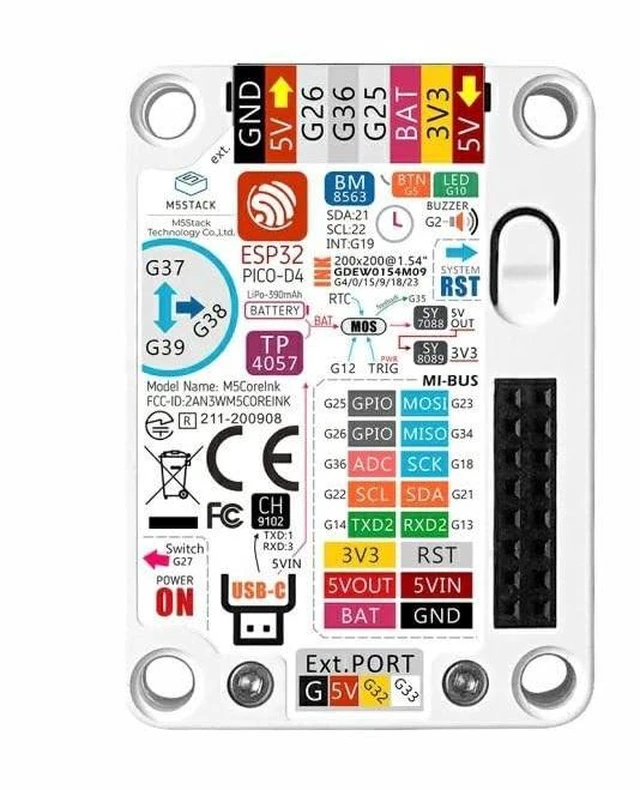 Alt view image 4 of 5 - M5Stack Core Ink ESP32 Development Kit with WiFi, 1.54" E-Ink Display, 520KB RAM, 4MB Flash, 240MHz Dual Core, TypeC Interface