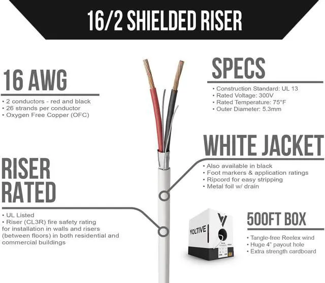 Alt view image 2 of 5 - Voltive 16/2 Shielded Low Voltage Wire, Riser CL3R, White, 500ft - 16AWG, 2 Conductors, Overall Shield, Stranded Bare Copper, UL Listed - V-1261-1