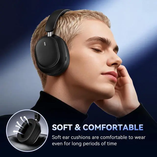 Alt view image 5 of 5 - Pointcinco Hybrid Active Noise Cancelling Headphones, Over Ear Bluetooth 6.0 Wireless Headphones, 80H Playtime, Deep Bass, HiFi Stereo Sound, Lightweight Foldable for Travel, Home and Office(Bl