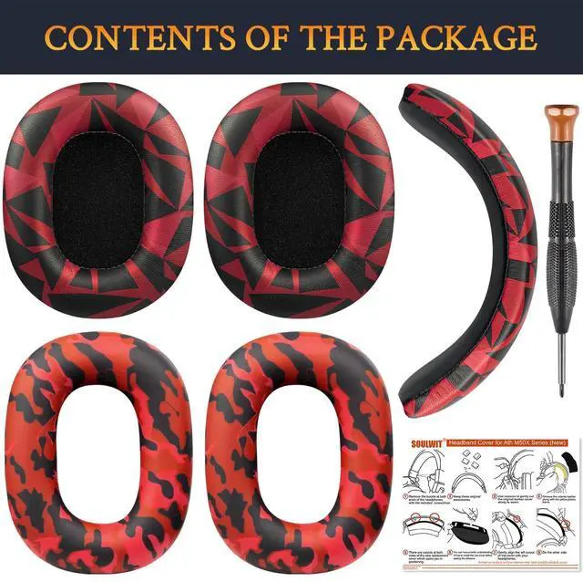 Alt view image 3 of 3 - SOULWIT Ear Pads Cushions + Headband + Silicone Earpads Cover Protector, Replacement Kit for ATH M50, M50X, M50XWH, M50XBT, M50XBT2, M50S/LE Headphones, Replacement Repair Part (Red Storm)