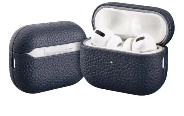 Main image of Leather Case for AirPods Pro 2/pro 3, Lychee Pattern Protective Cover with Wireless Charging, 360-Degree Protection, Handmade, Navy Blue (Royal Blue, for AirPods Pro 32025)