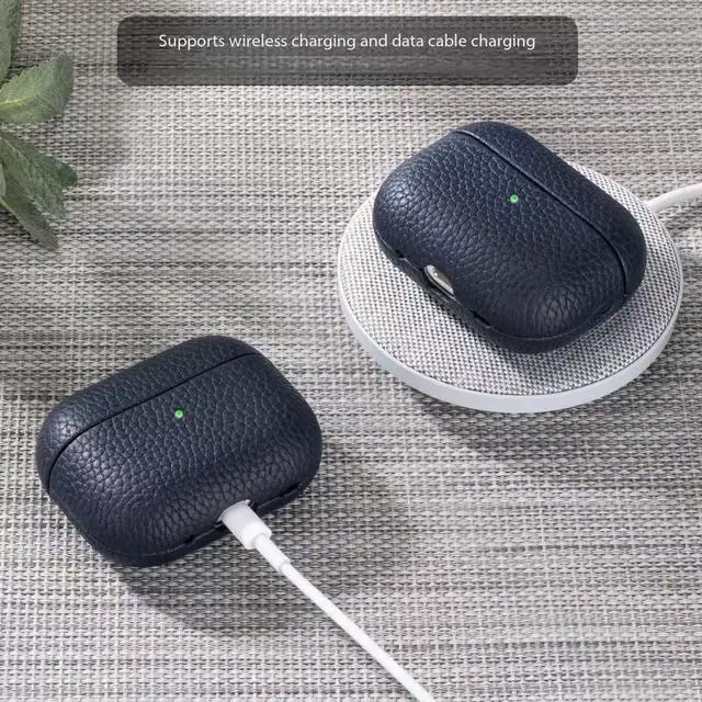 Alt view image 3 of 5 - Leather Case for AirPods Pro 2/pro 3, Lychee Pattern Protective Cover with Wireless Charging, 360-Degree Protection, Handmade, Navy Blue (Royal Blue, for AirPods Pro 32025)