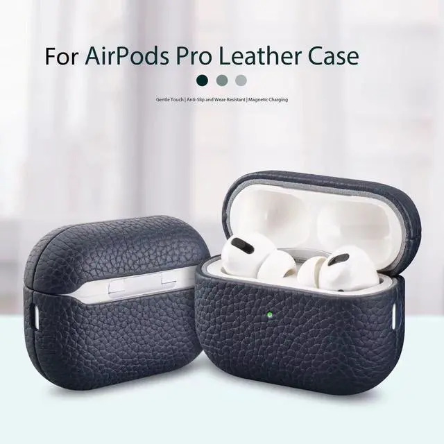 Alt view image 5 of 5 - Leather Case for AirPods Pro 2/pro 3, Lychee Pattern Protective Cover with Wireless Charging, 360-Degree Protection, Handmade, Navy Blue (Royal Blue, for AirPods Pro 32025)