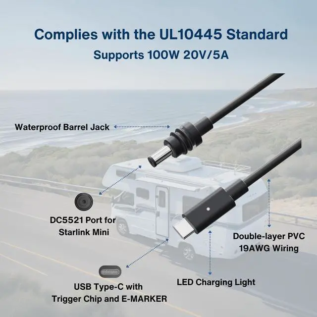 Alt view image 3 of 5 - Steinwhale DC to USB-C Power Cable with LED for Starlink Mini 3M/10FT, Support PD 100W 20V/5A Input, 19AWG Cord & Waterproof Barrel Jack, Compatible with USB-C PD Power Bank Charger Power Supply
