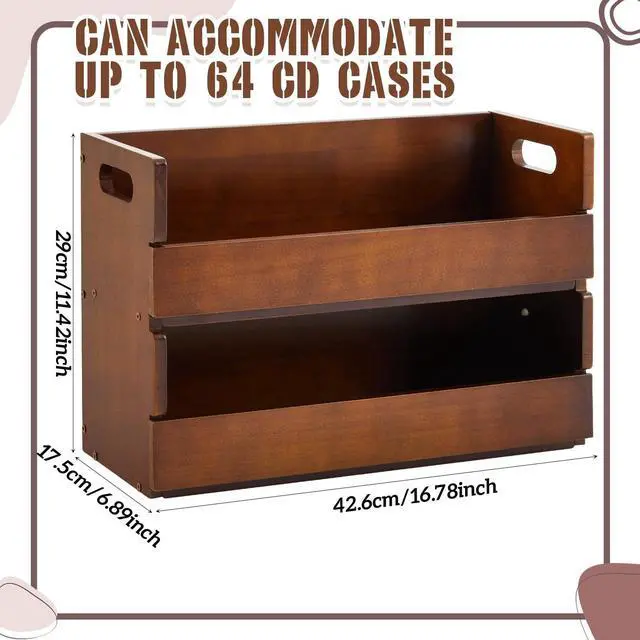 Alt view image 2 of 5 - CroBlissful 2-Tier Wooden Cd Storage Holder Stand Cd Display Shelf Racks with Carrying Handles Cassette Tape Organizer Shelf for Movie Cases, Dvds, Can Store up to 72 Pcs Cds(Classic,Brown)