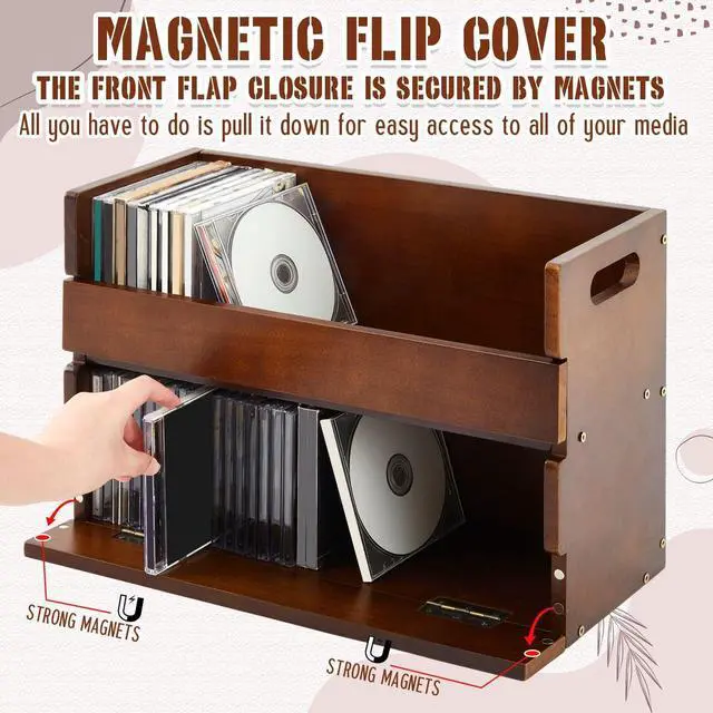 Alt view image 3 of 5 - CroBlissful 2-Tier Wooden Cd Storage Holder Stand Cd Display Shelf Racks with Carrying Handles Cassette Tape Organizer Shelf for Movie Cases, Dvds, Can Store up to 72 Pcs Cds(Classic,Brown)
