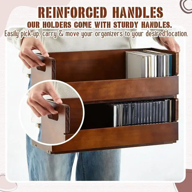 Alt view image 5 of 5 - CroBlissful 2-Tier Wooden Cd Storage Holder Stand Cd Display Shelf Racks with Carrying Handles Cassette Tape Organizer Shelf for Movie Cases, Dvds, Can Store up to 72 Pcs Cds(Classic,Brown)