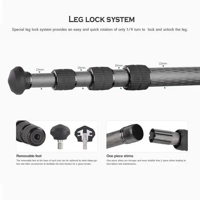 Alt view image 2 of 5 - Leofoto 42" Lightweight Carbon Fiber Travel Tripod, Professional Compact Tripod for Camera DSLR Video, Max Load 13Lbs/6KG (LS-224CX)