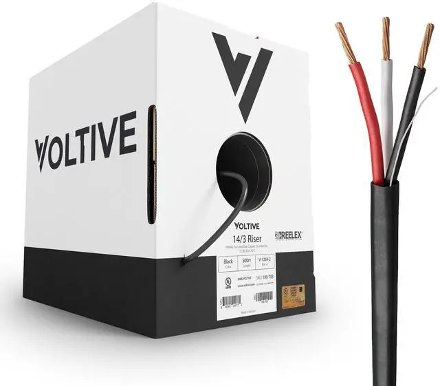 Main image of Voltive 14/3 Low Voltage Wire, Riser CL3R, Black, 500ft - 14AWG, 3 Conductors, Stranded Bare Copper, UL Listed - V-1269-2