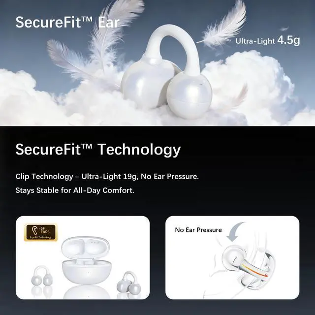 Alt view image 3 of 5 - M30 Open Ear Earbuds, Bluetooth 6.0 Wireless Ultra Audio, ENC AI Air Conduction Headphones, 60H Playtime, Stereo Sound, Touch Control, Premium Clip-On Open-Ear Earphones for Office & Daily Use
