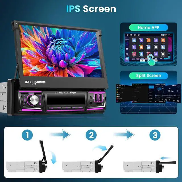 Alt view image 4 of 5 - 4G+64G Android Car Stereo Single Din with Foldable Touchscreen Wireless Carplay&Android Auto, Driauto 7 Inch Flip Out Screen Car Radio GPS Navi WiFi Bluetooth FM/RDS DSP/USB/Mirror Link Backup