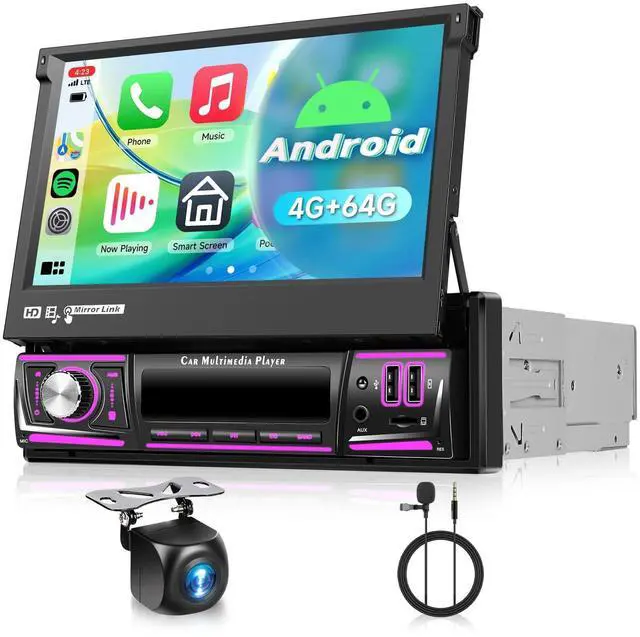 Main image of 4G+64G Android Car Stereo Single Din with Foldable Touchscreen Wireless Carplay&Android Auto, Driauto 7 Inch Flip Out Screen Car Radio GPS Navi WiFi Bluetooth FM/RDS DSP/USB/Mirror Link Backup