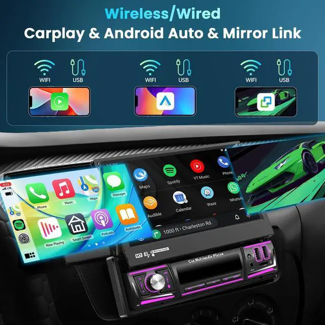 Alt view image 3 of 5 - 4G+64G Android Car Stereo Single Din with Foldable Touchscreen Wireless Carplay&Android Auto, Driauto 7 Inch Flip Out Screen Car Radio GPS Navi WiFi Bluetooth FM/RDS DSP/USB/Mirror Link Backup