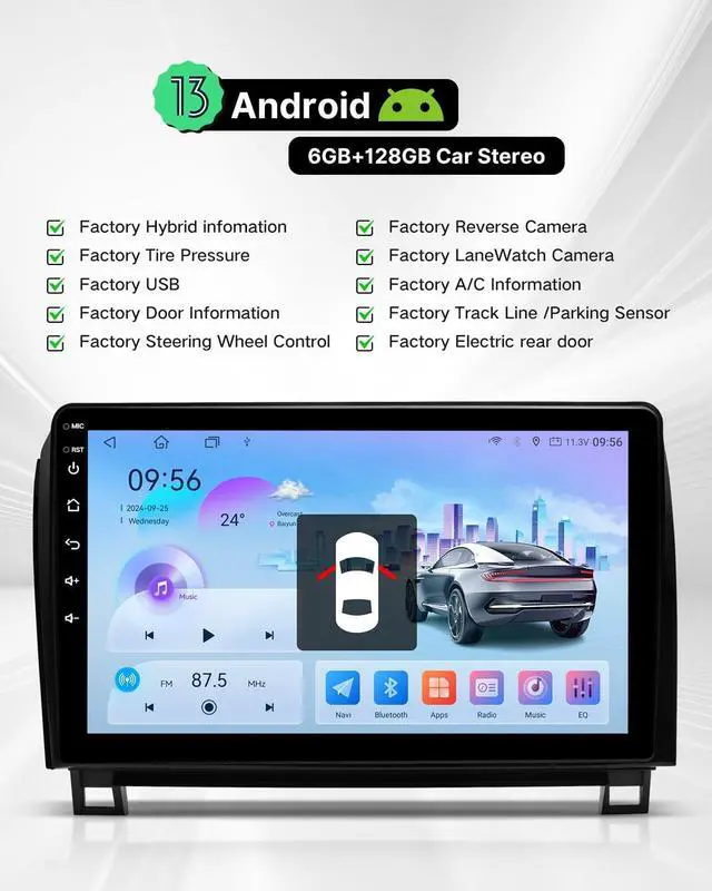 Alt view image 4 of 5 - Car Radio for Toyota Sequoia 2013-2019, 10.2" Android 13 QLED Touchscreen, 6G+128G with Wireless Apple Carplay & Android Auto, WiFi, Bluetooth 5.4,FM, DSP, SWC,HD Camera (CAN004)