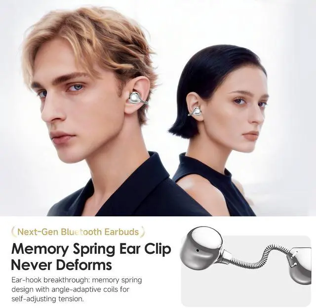 Alt view image 2 of 5 - Kinglucky Clip-On Earbuds with Memory Spring,Comfortable Open-Ear Wireless Bluetooth 6.0 Headphones with Mic,for Small Ears & Glasses Wearers,45H Playtime,ENC,IPX5 Waterproof Sport Earbuds (Whi