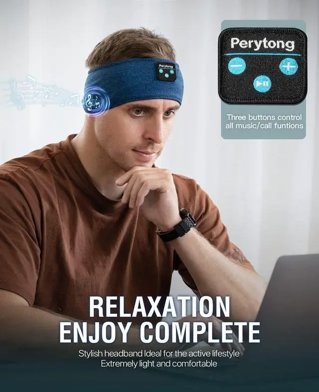 Alt view image 5 of 5 - Perytong Sleep Headphones, Bluetooth 5.4 Headband Headphones for Sleeping, Wireless Sleeping Headphones for Side Sleepers, Sweat-Proof Sport Headband Earphones for Yoga Running Airplane