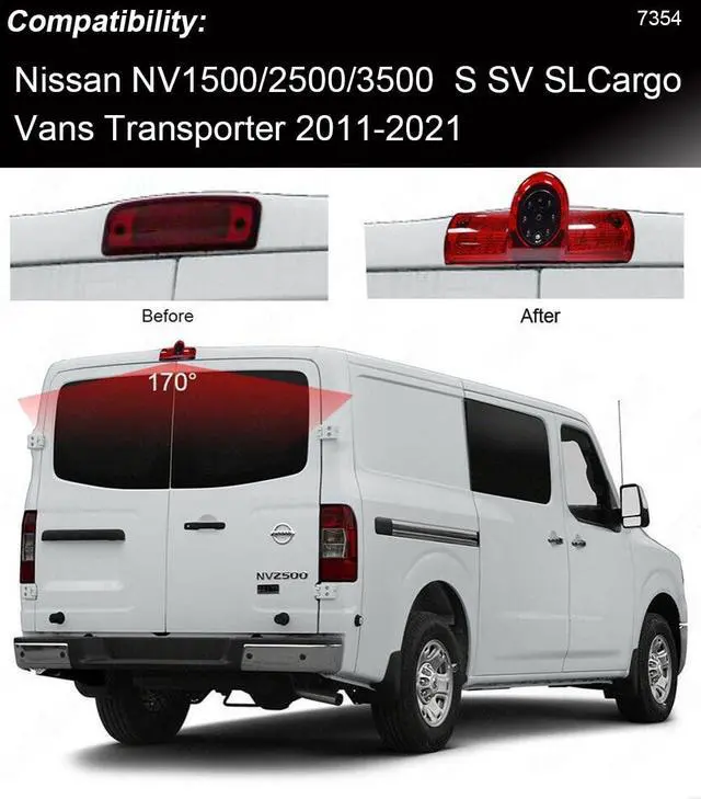 Alt view image 2 of 5 - Third Brake Light Backup Camera Top Roof Lamp LED Reverse Parking Camera+7" inch TFT LCD Mirror Replacement for Nissan NV 1500/2500/3500 S SV SL Cargo Vans Transporter 2011-2021