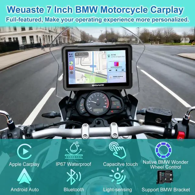 Alt view image 2 of 5 - WEUASTE 7" Motorcycle CarPlay Fit for BMW with Wonder Wheel Control, Android Auto/iOS, GPS Navigation System, IP69K Waterproof Touchscreen, 1200Nit, Plug-and-Play, Bluetooth, Light Sensor, TPMS, Sir