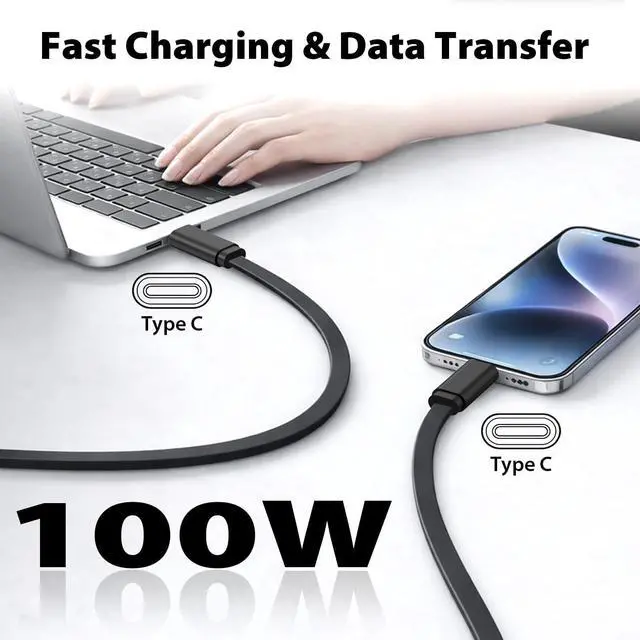 Alt view image 3 of 5 - Travel Depot Flat USB C Cable 3-Pack, 100W Fast Charging & Data Sync, 2ft Type C Flat Charging Cables, Durable TangleFree Design, Wide Device Compatibility, Color Combo, Includes Travel Storage Bag