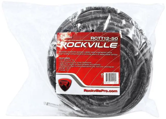 Alt view image 3 of 3 - Rockville RCTT1250 50ft 12 AWG 1/4" TS to 1/4" TS Pro Speaker Cable, 100% Copper, Durable PVC Jacket, High-Current Speaker-Level Connections