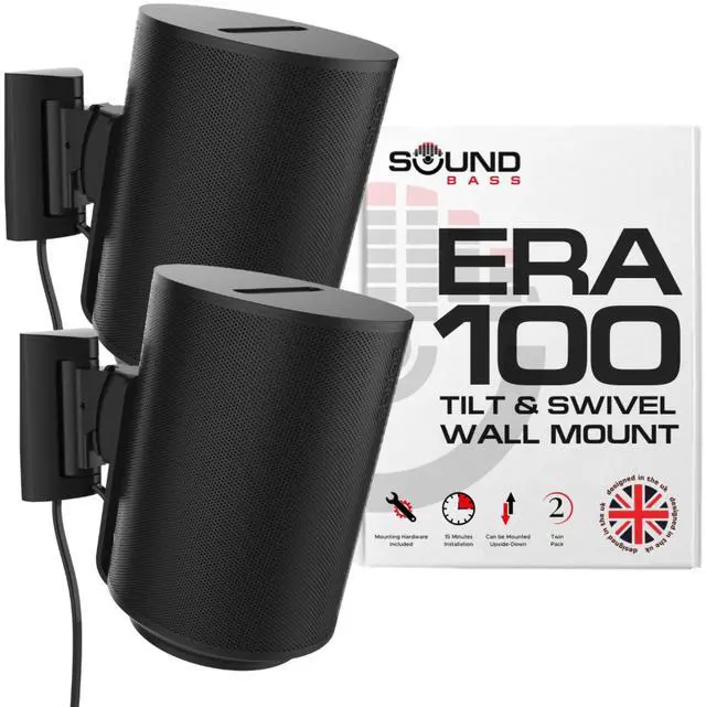 Main image of Sound Bass ERA 100 Wall Mount Bracket, Tilt and Swivel, Black, Twin (2pcs), Compatible with Sonos ERA100 & ERA 100 SL, Effortless Installation, Includes Mounting Kit, Double, Pair