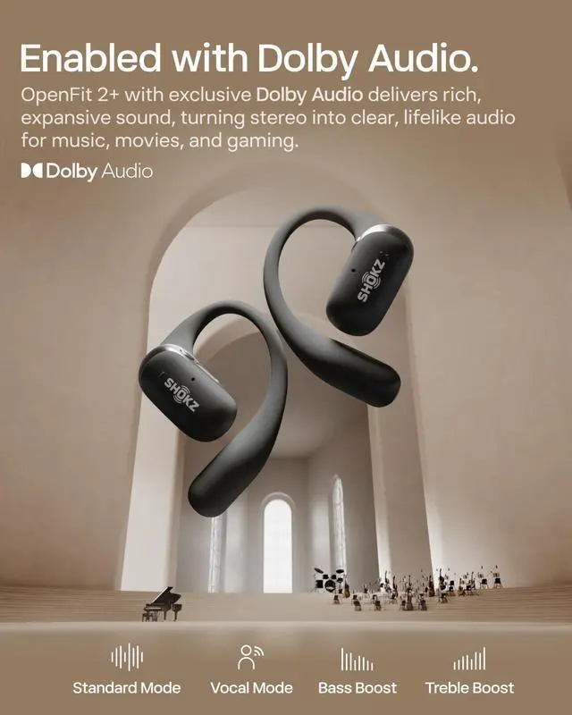 Alt view image 4 of 5 - SHOKZ NEW OpenFit 2+ Open-Ear Headphones, Dolby Audio Enabled, Comfortable Earbuds with Soft Ear Hooks, 48H Playtime, IP55 Water-Resistant, USB-C Fast Charging, Wireless Charging, Carrying Bag,