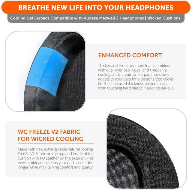 Alt view image 5 of 5 - WC Freeze Maxwell 2 Cooling Gel Replacement Earpads Compatible with Audeze Maxwell 2 Headphones by Wicked Cushions ^^ Freeze V2 Cooling Fabric ^^ 90's Black