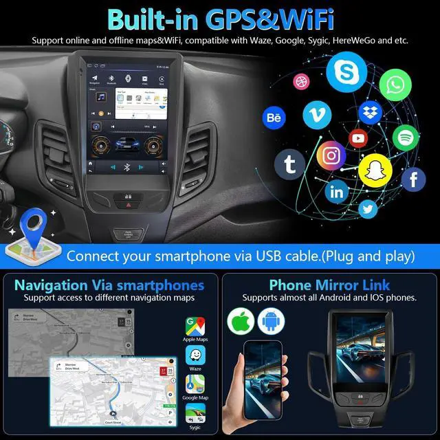 Alt view image 3 of 5 - Car Stereo with 9.7-inch IPS Touchscreen for Ford Fiesta 2009-2020 CarPlay & Android Auto Compatible, GPS Navigation (4+64G)
