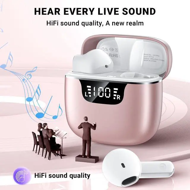 Alt view image 2 of 5 - Wireless Earbuds, Bluetooth 5.4 Headphones with 42H Ultralight Ear Buds,Bluetooth Earbuds with 4 ENC Noise Cancelling Mics, HiFi Deep Bass Dual LED Display USB-C, Waterproof Earphones for Andro