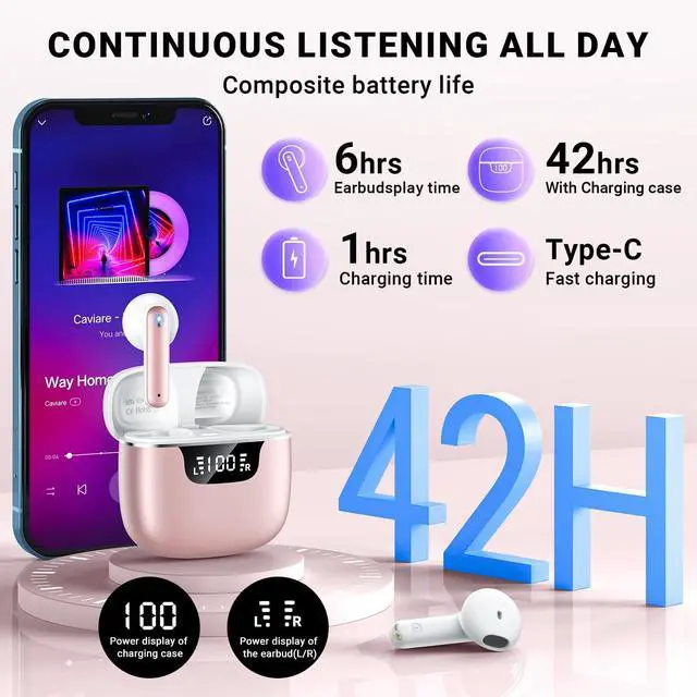 Alt view image 4 of 5 - Wireless Earbuds, Bluetooth 5.4 Headphones with 42H Ultralight Ear Buds,Bluetooth Earbuds with 4 ENC Noise Cancelling Mics, HiFi Deep Bass Dual LED Display USB-C, Waterproof Earphones for Andro