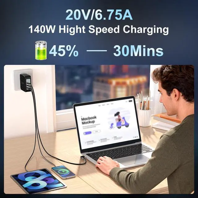 Alt view image 4 of 5 - King Ma 20V/6.75A (MAX 140W) GaN Laptop Charger, PD 3.1 Fast Wall Charger with Foldable Plug & USB-C Cable, 3-Port Portable Charger Compatible with Asus FX86F/FX95G/FA506/FA706/FX95D/FX95G