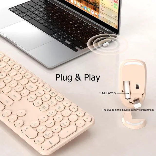 Alt view image 2 of 5 - COVEVA Wireless Keyboard and Mouse Combo, USB Receiver Plug and Play, Low Profile Quiet Typing Design, 110 Round Keys Full-Size Silent Keyboard Set for PC, Windows, Mac, Desktop, Laptop(Khaki)