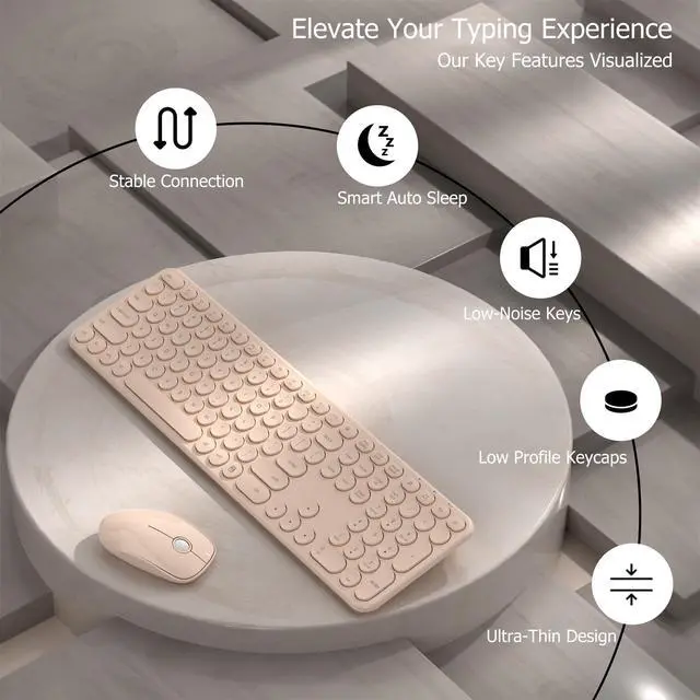 Alt view image 3 of 5 - COVEVA Wireless Keyboard and Mouse Combo, USB Receiver Plug and Play, Low Profile Quiet Typing Design, 110 Round Keys Full-Size Silent Keyboard Set for PC, Windows, Mac, Desktop, Laptop(Khaki)
