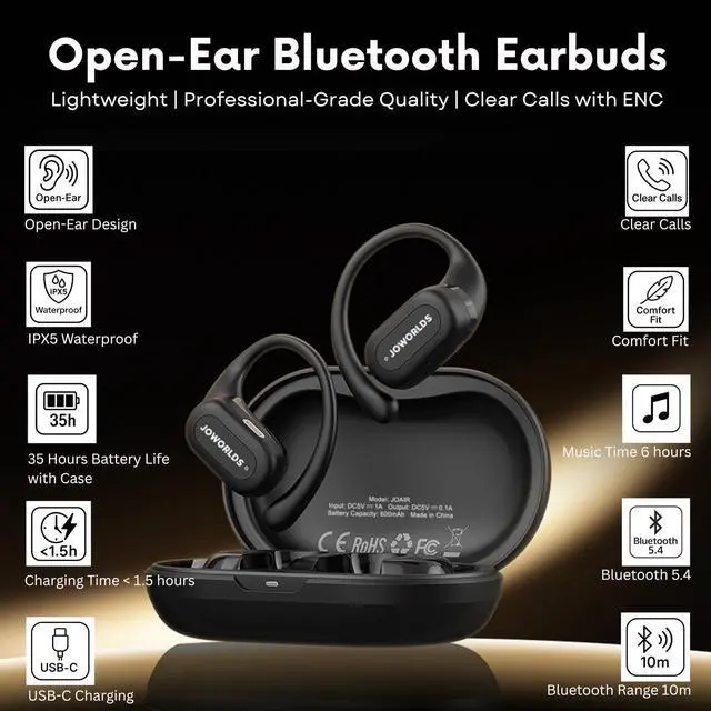 Alt view image 2 of 5 - JOWORLDS Bluetooth Headphones Air Conduction, IPX5 Waterproof Air Conduction Ear Buds, Over Ear Headphones with MIC, Over Ear Earbuds for Sports, Running Earbuds, 35 Hours Music, Clear Calls