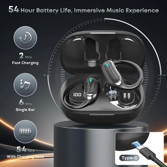 Alt view image 3 of 5 - Wireless Earbuds Bluetooth 5.4 Headphones, 54H Playtime Stereo Earphones with Noise Cancelling Mic, IPX7 Waterproof, Fast Charging and Comfort Fit Ear Buds for Fitness/Sports/Workouts/Travel Bl