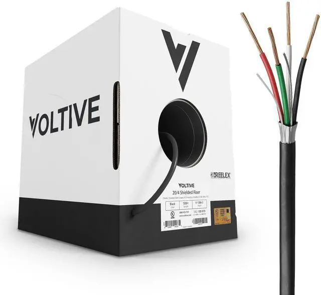 Main image of Voltive 20/4 Shielded Low Voltage Wire, Riser CL3R, Black, 500ft - 20AWG, 4 Conductors, Overall Shield, Stranded Bare Copper, UL Listed - V-1306-2