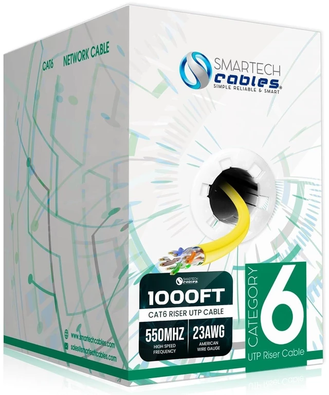 Main image of Smartech Cables ^^ Cat 6 Ethernet Cable 1000ft ^^ 23AWG UTP 4-Pairs in-Wall Bulk Riser CMR CAT6 1000ft ^^ 10Gbps 550MHz High-Performance Cable for Home, Office & Gaming ^^ Tangle-Free Pull Box ^^ Yell