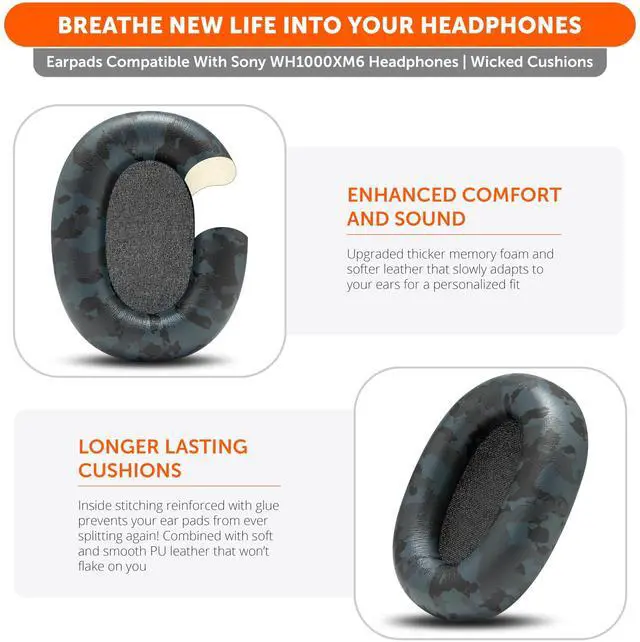 Alt view image 4 of 5 - WC PadZ XM6 Premium Replacement Earpads Compatible with Sony WH-1000XM6 Headphones by Wicked Cushions ^^ Enhanced Comfort, Durable PU Leather & Sound Isolation ^^ Black Camo