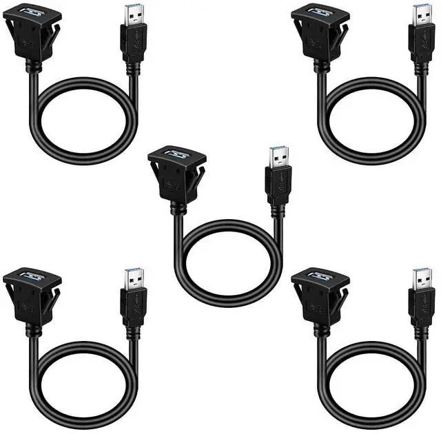 Main image of BATIGE 5 Pack Square Single Port USB 3.0 Flush Mount Extension Cable for Car Truck Boat Motorcycle Dashboard 1ft