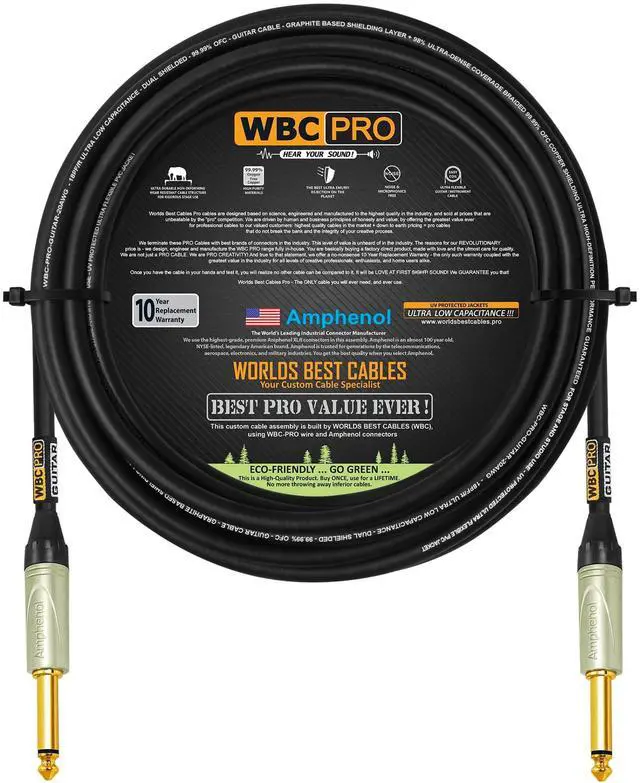Main image of 30 Foot - WBC-PRO-Guitar 20 AWG - Low-Cap (18pF/ft) Pro-Grade Graphite-Based - Dual-Shielded Guitar, Bass, Instrument Cable with Amphenol QM2P-AU Inch (6.35mm) Gold TS Connectors