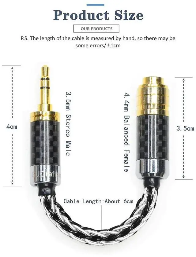 Alt view image 3 of 5 - GUCraftsman 3.5mm Stereo Male to 4.4mm Balanced Female Headphone Adapter Cable 7N Single Crystal Copper/Silver Headphone Jack Convert Cable