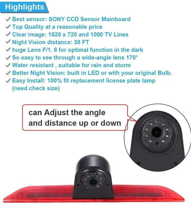 Alt view image 4 of 5 - HD IP68 Brake Lamp Rear View Backup Camera Angle and Distance Adjustable Compatible with Ford Transit tourneo Custom Jumbo Kasten V363 F150 F250 F350 V636 MK8/V362 Bus (Camera+4.3'' Rearview Mirror)
