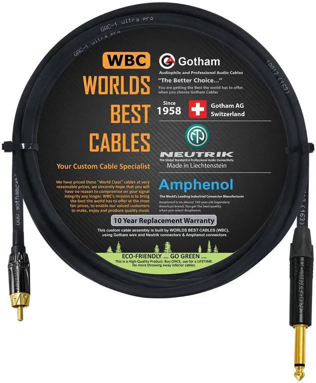Main image of WORLDS BEST CABLES 2 Foot TS to RCA Cable Gotham GAC-1 Ultra Pro Low- Capacitance Instrument Cable & Neutrik NP2X-B & Amphenol ACPL-CBK Gold Plugs - Custom Made